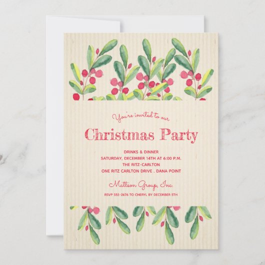 Baies d'aquarelle et Branches Invitations de Noël (Devant)