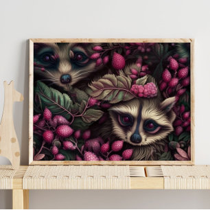 Baies roses de Forest Raccoon Impression murale
