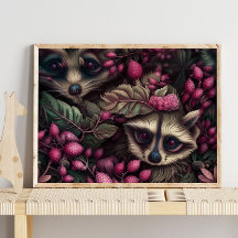 Baies roses de Forest Raccoon | Impression murale 