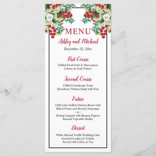 Baies rouges | Menu Mariage Vacances Florales vert (Devant)