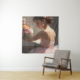 Bailarina sujetando un ramo de flores wandkleed