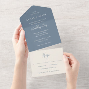 Bailee Dusty Blue Modern Wedding All In One Uitnodiging