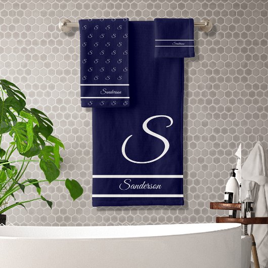 Bain de Monogramme bleu et blanc de marine moderne