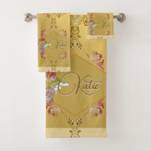 Bain Floral d'or avec nom Ensemble de serviettes