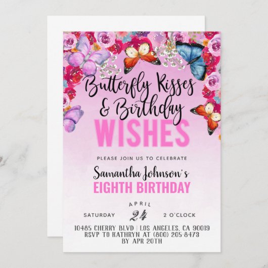 Baisers à papillon Invitation d'anniversaire (Devant / Derrière)
