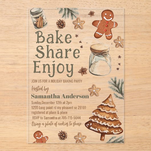 Bake Share Geniet | groene & bruine kerst Acryl Uitnodigingen (Voorkant)