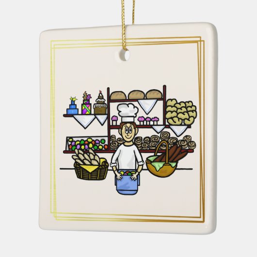 Baker bij zijn kerst-kerstversiering op bakkerij keramisch ornament (Links)