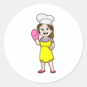 Baker met schort voor koken en handschoenen ronde sticker