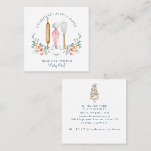 Baker Pastry Chef Waterverf Baker Vierkante Visitekaartje (Voorkant / Achterkant)