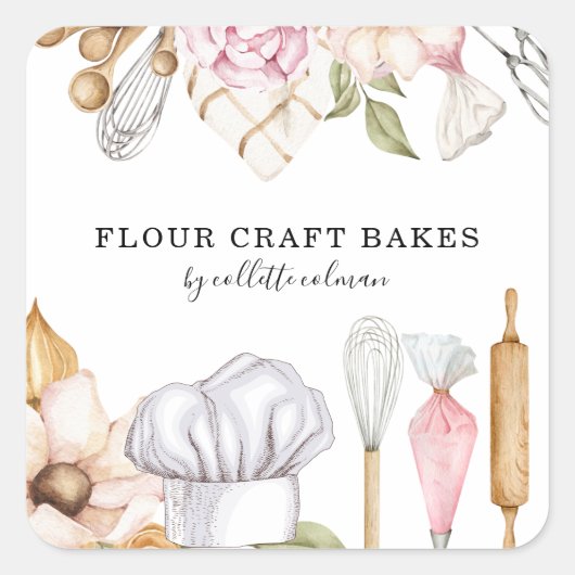 Baker Pastry Chef Waterverf Baking Tools Vierkante Sticker (Voorkant)