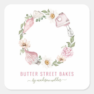 Baker Pastry Chef Waterverf Baking Utensil Floral Vierkante Sticker