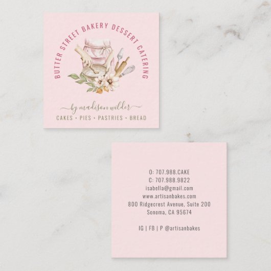 Baker Pastry Chef Waterverf Baking Utensils Squar Vierkante Visitekaartje (Voorkant / Achterkant)