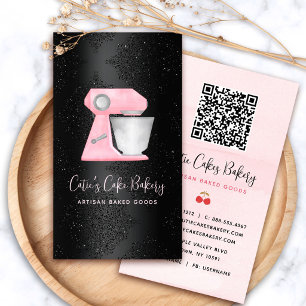Bakery Blush Roze Mixer QR Code op Zwarte Damast Visitekaartje