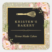 Bakery Chef Whisk Logo | Floral Gold Glitter Vierkante Sticker (Voorkant)