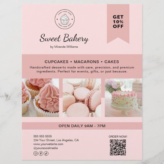 Bakery Custom Logo Photo QR Code Pink Flyer (Voorkant)