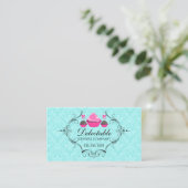 Bakery Damask Aqua Pink Visitekaartje (Staand voorkant)