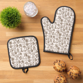 Bakery Keuken Symbolen Patroon Zwart en Wit Ovenwant & Pannenlap Set