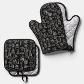 Bakery Kitchen Symbols Pattern Black  Ovenwant & Pannenlap Set (Voorkant / Achterkant)