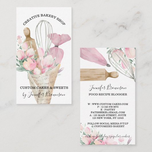 Bakery Pastry Chef Roze Flowers Boho Visitekaartje (Voorkant / Achterkant)