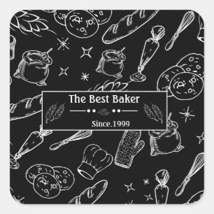 Bakgereedschap en eten zwart wit keuken bakker vierkante sticker