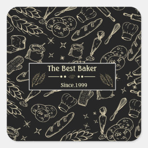 Bakgereedschap en eten zwart wit keuken bakker vierkante sticker