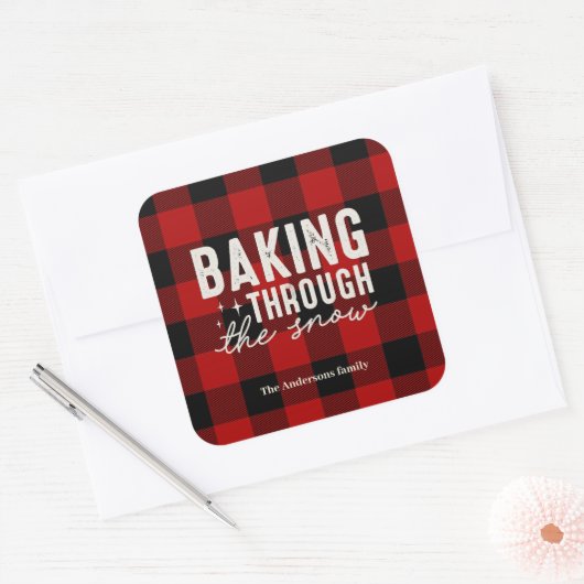 Baking Through the Snow Buffalo Plaid Christmas Vierkante Sticker (Envelop)