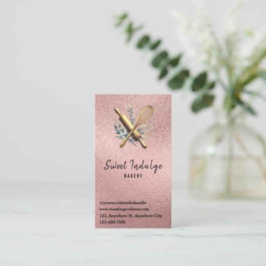 Baking Utensil QR Code Roos Gouden Glitter Bakkeri Visitekaartje (Staand voorkant)