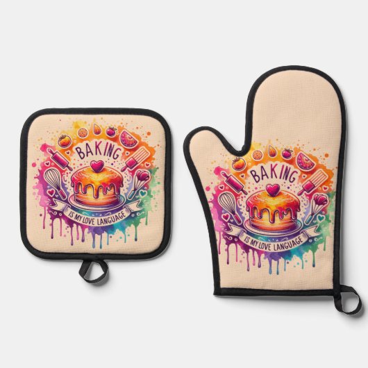 Bakken is mijn liefdestaal - taart - ovenwant & pannenlap set (Voorkant)