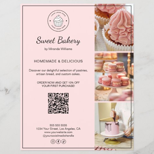 Bakkerij aangepaste logo foto QR-code roze flyer (Voorkant)