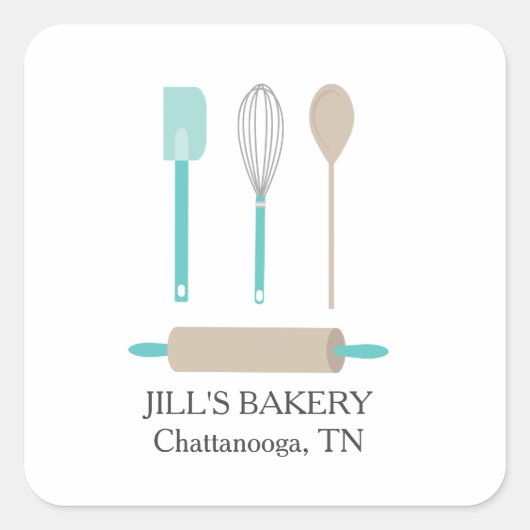 Bakkerij Chef Blauwgroen Keukengereedschap Voedsel Vierkante Sticker (Voorkant)