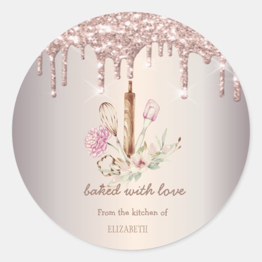 Bakkerij Gereedschap Bloemen Glitter Drips Ronde Sticker (Voorkant)