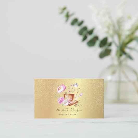 Bakkerij Gereedschap Bloemen Roos Goud Confetti Visitekaartje (Staand voorkant)