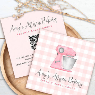 Bakkerij Mixer QR Code Blush Roze Gingham Patroon Vierkante Visitekaartje