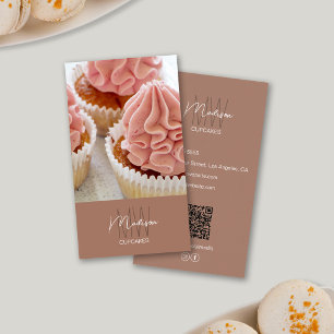 Bakkerij Monogram Logo Cupcake Foto QR Bruin Visitekaartje