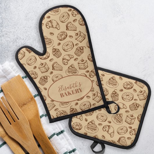 bakkerij naam gepersonaliseerde beige bakken ovenwant & pannenlap set