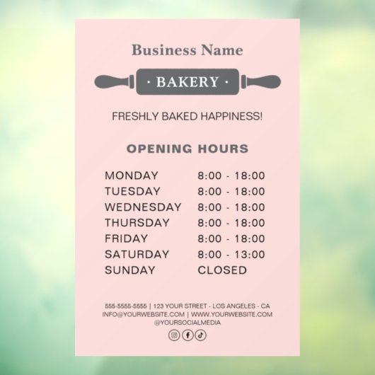 Bakkerij Openingstijden Rolling Pin Pink Raamsticker (Vel 3)