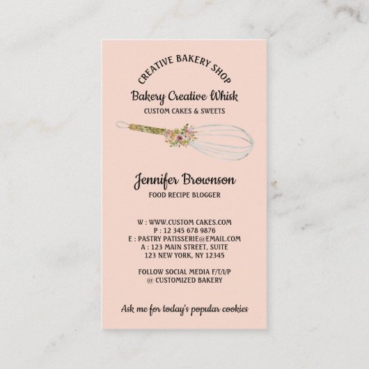 Bakkerij Rustic Whisk Floral Blush Pink Visitekaartje (Achterkant)