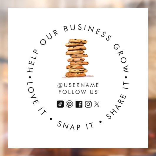 Bakkerij sociale media volg chocolade chip cookie raamsticker (Vel 2)