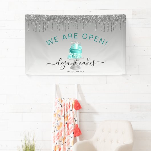 Bakkerij we zijn open glitter-drip-turquoise-Cake Spandoek (Insitu)