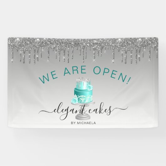 Bakkerij we zijn open glitter-drip-turquoise-Cake Spandoek (Horizontaal)