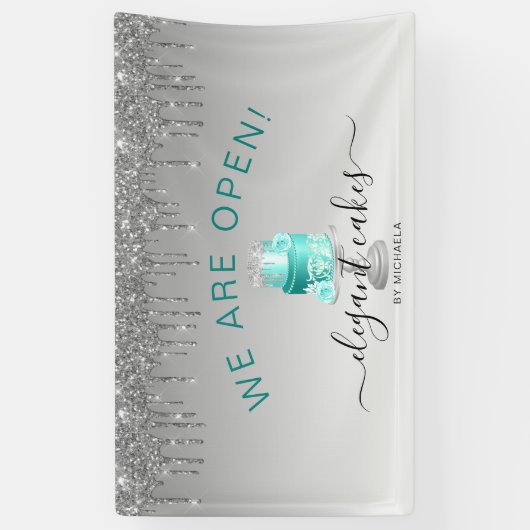 Bakkerij we zijn open glitter-drip-turquoise-Cake Spandoek (Verticaal)