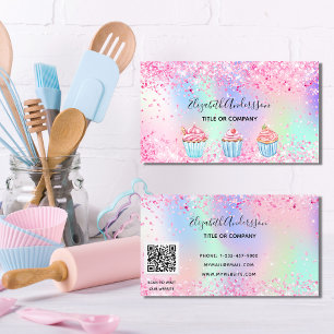 Bakkersbloem roze paarse glitterstof QR-code Visitekaartje