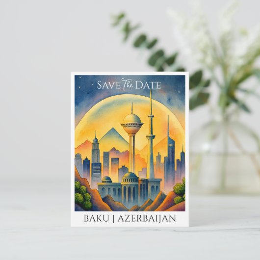 Bakoe Azerbeidzjan Waterverf Save the Date Briefkaart (Staand voorkant)
