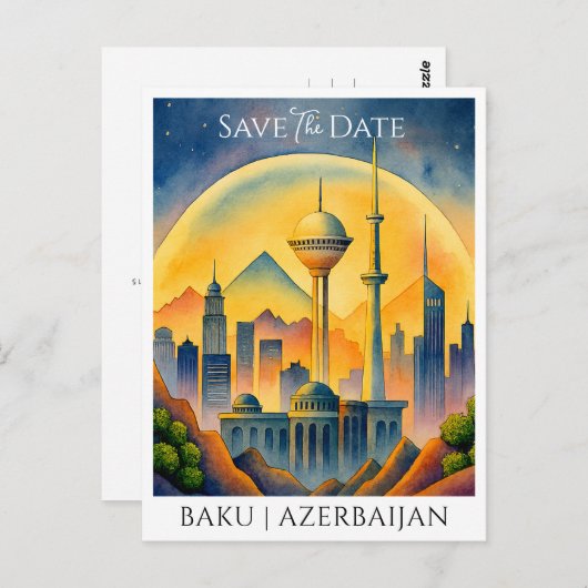 Bakoe Azerbeidzjan Waterverf Save the Date Briefkaart (Voorkant / Achterkant)