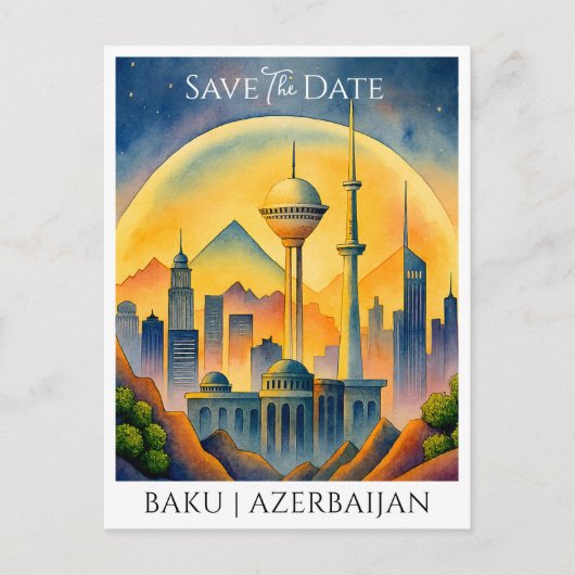 Bakoe Azerbeidzjan Waterverf Save the Date Briefkaart (Voorkant)