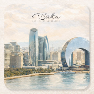 Baku Azerbeidzjan Hoofdstad Aquarel Reis Cadeau Vierkante Kartonnen Onderzetter