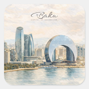 Baku Azerbeidzjan Hoofdstad Aquarel Reis Cadeau Vierkante Sticker