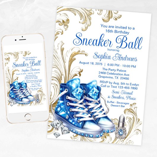 Bal Basket Bleu Or Anniversaire Fête Invitation