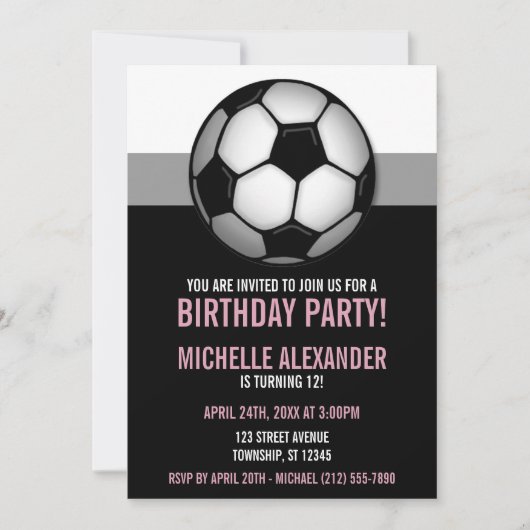 Bal de football rose et noir Invitations d'anniver (Devant)