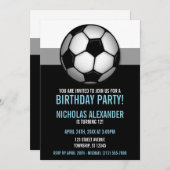Bal de soccer bleu et noir Invitations d'anniversa (Devant / Derrière)